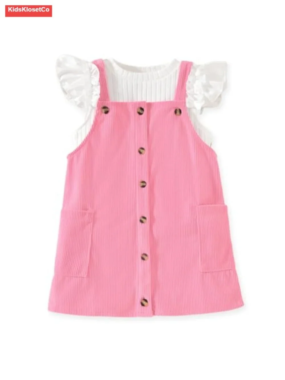 Toddler Girl Butterfly Sleeve Tee Corduroy Button Down Overall Dress Set 2-Piece